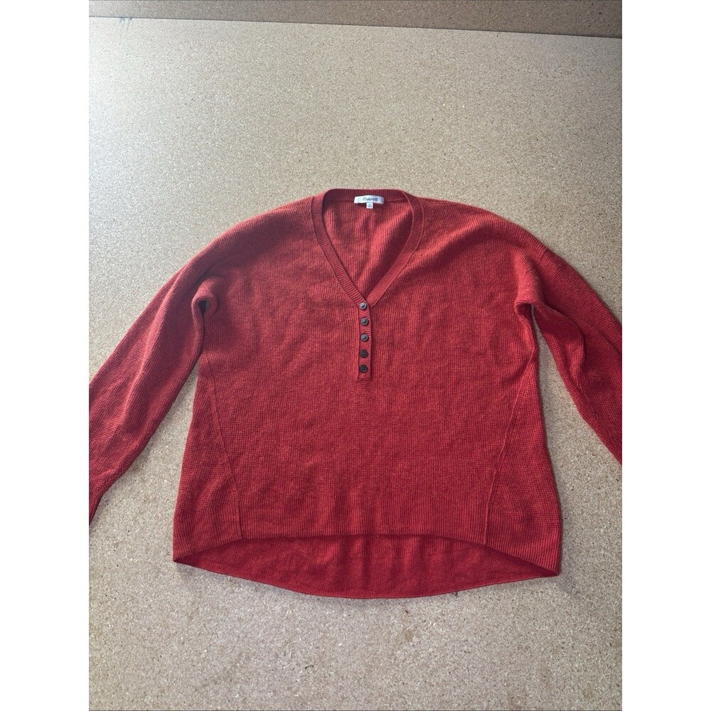 Madewell Button V-Neck Waffle Knit Hi-Low Orange Wool Alpaca Sweater Size M B3